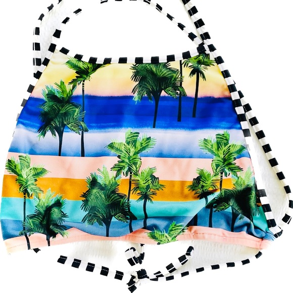 SALINAS | S | High Neck Palm Coral Sunset Bikini Black White Striped Sport Top - Picture 13 of 16